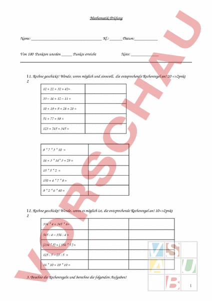 Arbeitsblatt: Mathematik-TEST 4.Klasse - Mathematik - Gemischte Themen