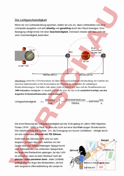 Arbeitsblatt: Die Lichtgeschwindigkeit - Physik - Optik