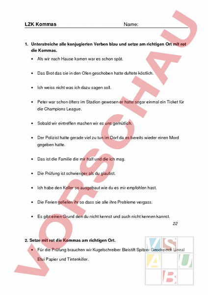 Arbeitsblatt: LZK Kommas in Teilsätzen, Aufzählungen - Deutsch ...
