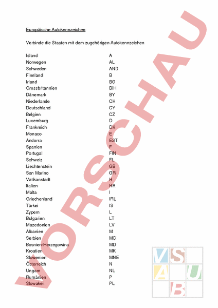 EU Autokennzeichen Schilder und Liste – Unterrichtsmaterial im Fach Erdkunde