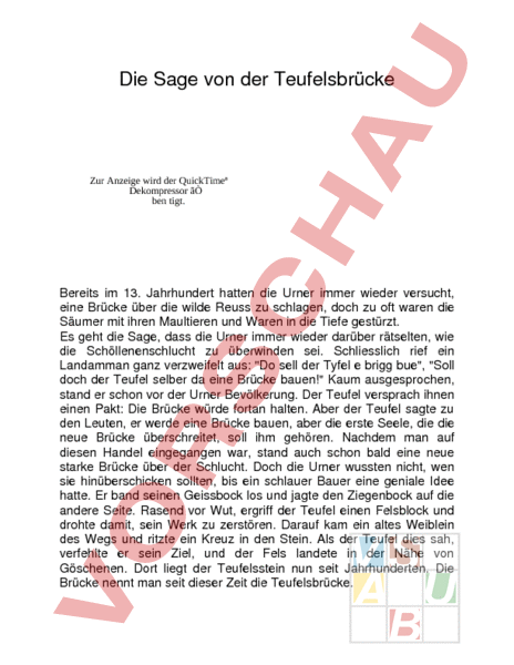 Arbeitsblatt: Die Sage der Teufelsbrücke - Deutsch - Leseförderung