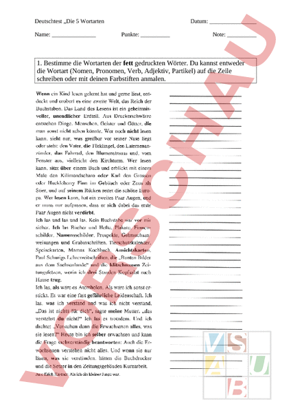 Arbeitsblatt: 5 Wortarten - Test - Deutsch - Grammatik
