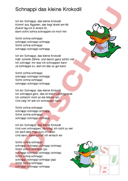 Arbeitsblatt Schnappi Das Kleine Krokodil Musik Singen Lieder