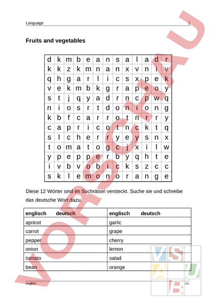 Arbeitsblatt: Vegetables and Fruits - Englisch - Wortschatz