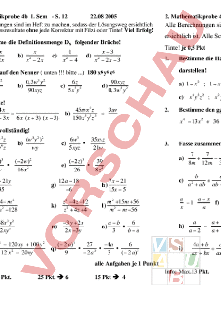 Arbeitsblatt: 20 verschiedene Tests, Proben 9. Schuljahr - Mathematik