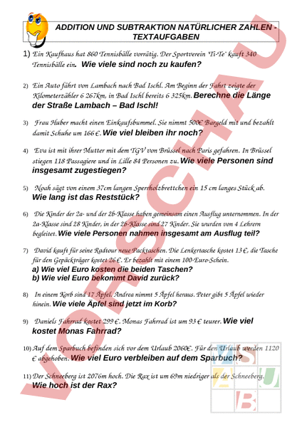 Arbeitsblatt: Addition und Subtraktion - Textaufgaben - Mathematik