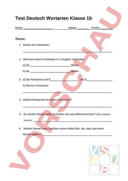 Arbeitsblatt: Test Wortarten - Deutsch - Grammatik