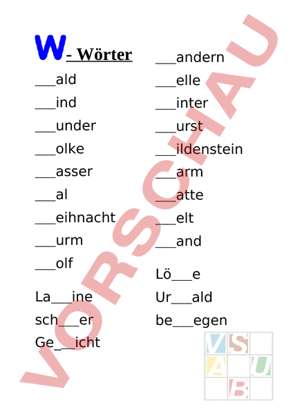 Arbeitsblatt: W Wörter - Deutsch - Erstlesen