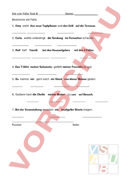 Arbeitsblatt: die vier Fälle Test B - Deutsch - Grammatik