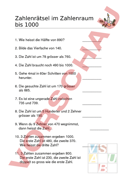 Arbeitsblatt: Zahlenrätsel im Zahlenraum bis 1000 - Mathematik