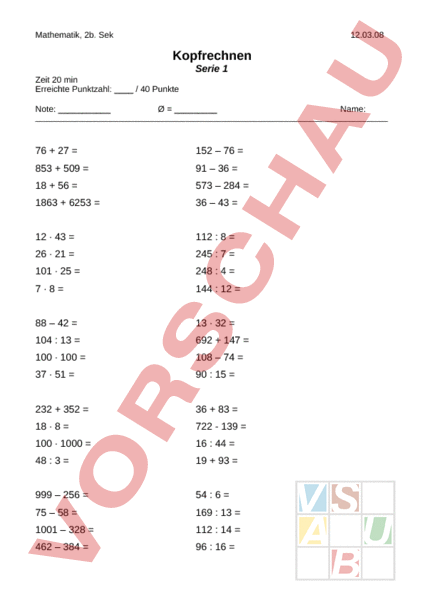 Arbeitsblatt: Kopfrechnen - Mathematik - Gemischte Themen