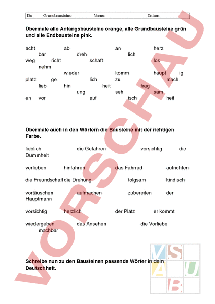 Arbeitsblatt: Grundbausteine erkennen - Deutsch - Rechtschreibung