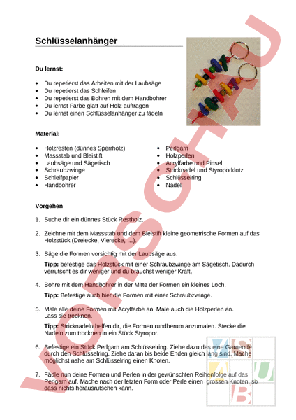 Arbeitsblatt: Schlüsselanhänger - Werken / Handarbeit - Holz