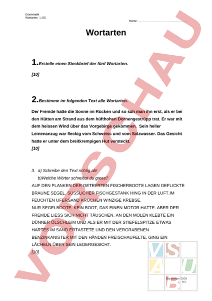 Arbeitsblatt: Wortarten - Deutsch - Grammatik
