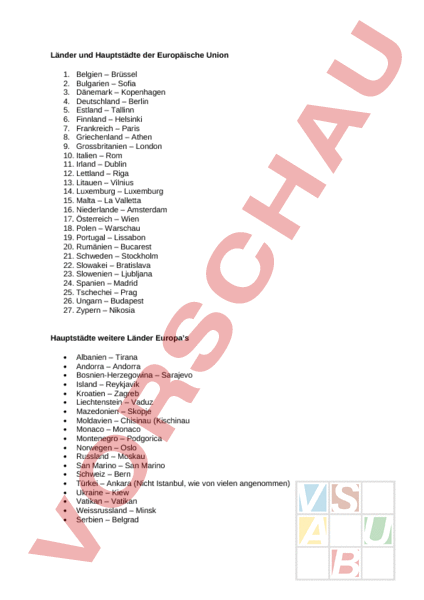 Länder Und Hauptstädte Europa Arbeitsblatt