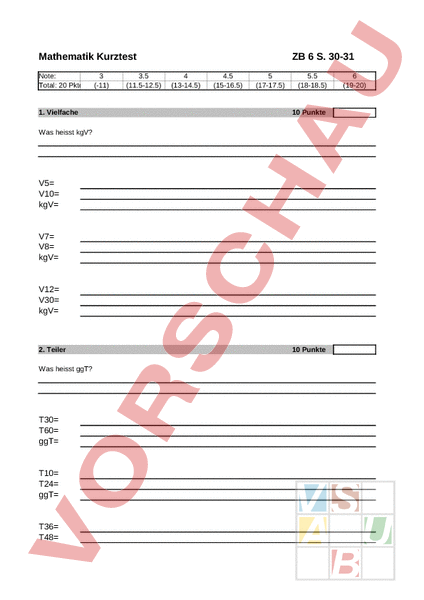 Arbeitsblatt: ggT, kgV - Mathematik - Anderes Thema