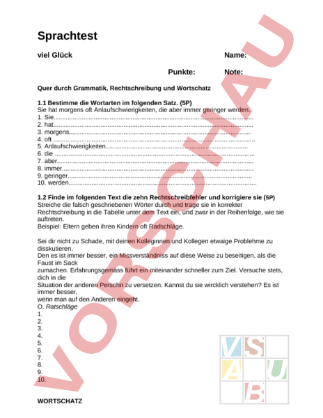Arbeitsblatt: Sprachtest - Deutsch - Grammatik