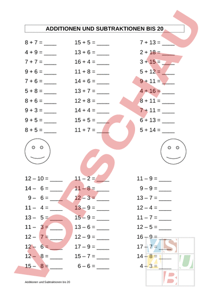 Arbeitsblatt: Additionen/Subtraktionen bis 20 - Mathematik - Gemischte