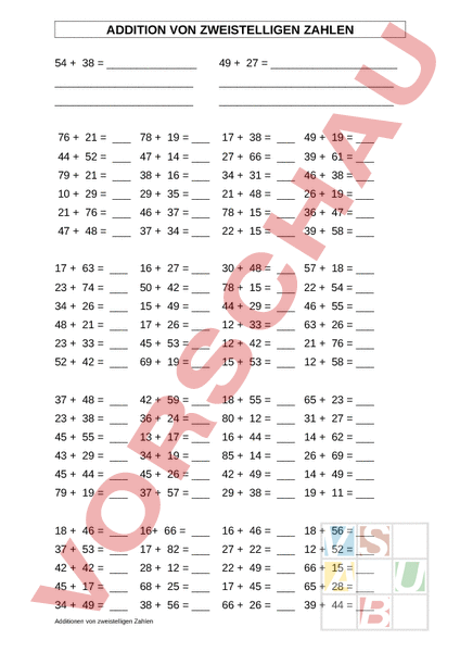 Arbeitsblatt: Additionen von 2 zweistelligen Zahlen - Mathematik - Addition