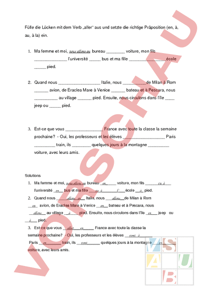Arbeitsblatt Arbeitsblatt zum Verb aller Französisch Grammatik