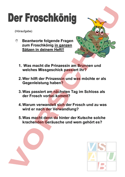Arbeitsblatt: Der Froschkönig - Deutsch - Textverständnis