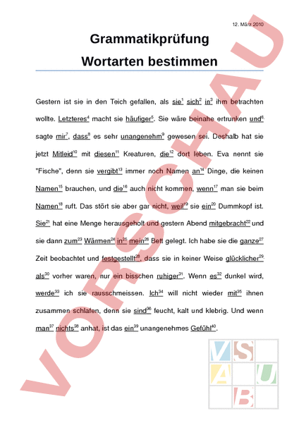 Arbeitsblatt: Test Wortarten - Deutsch - Grammatik