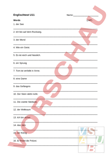 Arbeitsblatt Test U11 Englisch Rechtschreibung