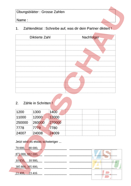 Große Zahlen Schreiben Arbeitsblatt
 Arbeitsblatt Grosse Zahlen üben Mathematik Zahlenbereiche
