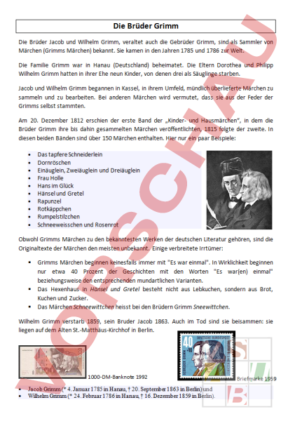Arbeitsblatt: Brüder Grimm - Deutsch - Leseförderung / Literatur