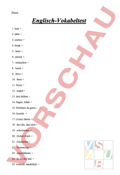 Arbeitsblatt: Vokabeltest - Englisch - Wortschatz