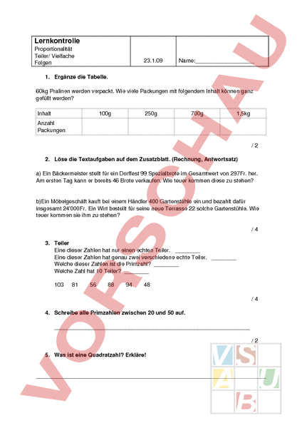 Arbeitsblatt: Teiler Vielfaches - Mathematik - Algebra