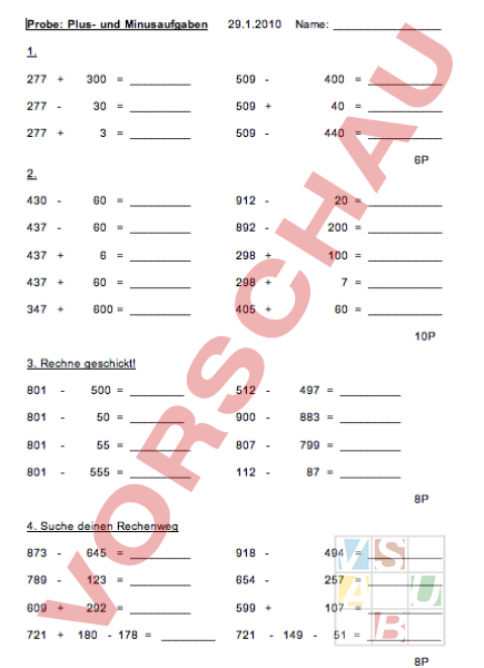 Arbeitsblatt: Test Plus - und Minusaufgaben - Mathematik - Addition