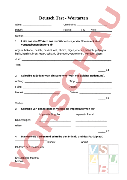 Arbeitsblatt: Test Wortarten - Deutsch - Grammatik