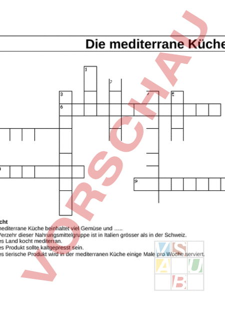 Arbeitsblatt Mediterrane Küche Wirtschaft, Arbeit, Haushalt