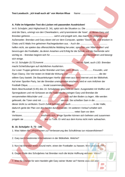 Arbeitsblatt: Ich knall euch ab - Deutsch - Lesefertigkeit