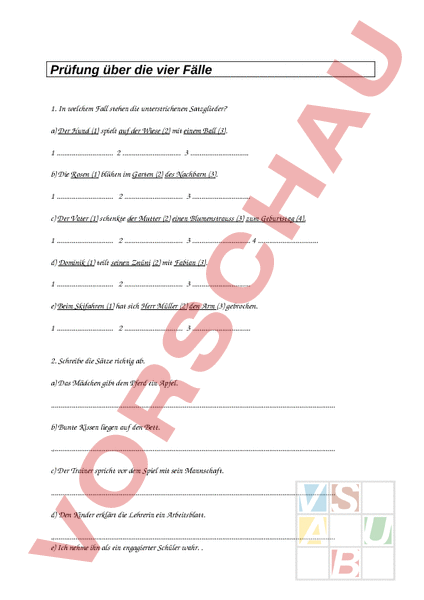Arbeitsblatt: Test vier Fälle - Deutsch - Grammatik