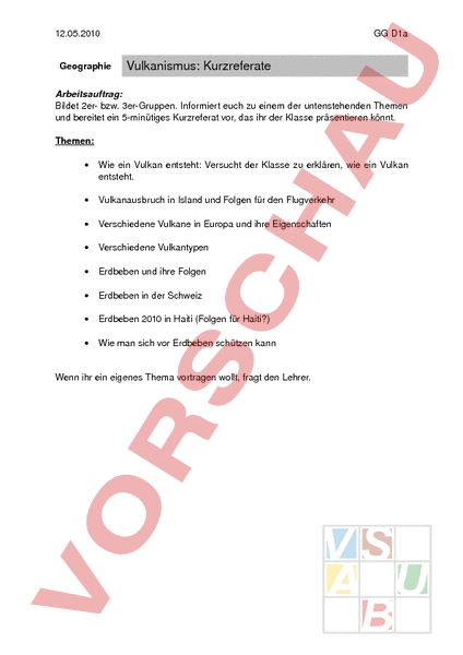 Arbeitsblatt: Vortragsvorschläge - Geographie - Geologie ...