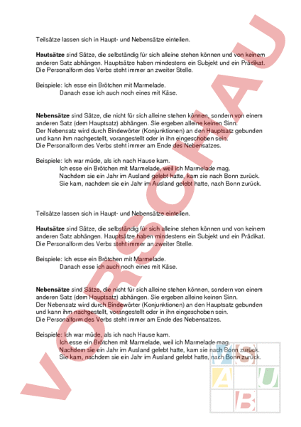Arbeitsblatt: Teilsätze - Deutsch - Grammatik