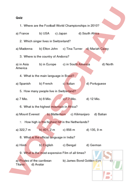 Arbeitsblatt: Quiz - Englisch - Gemischte Themen