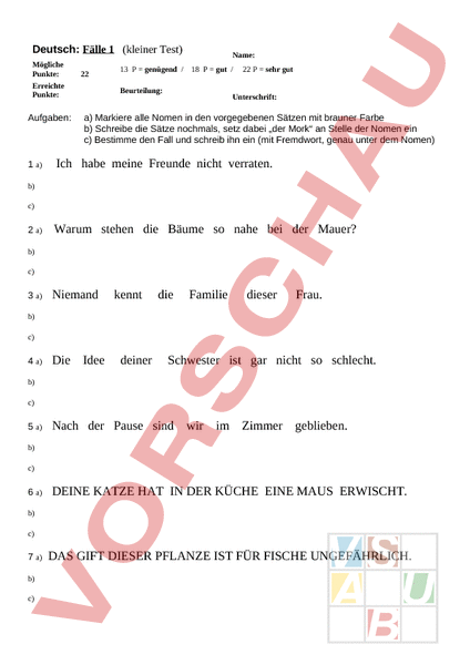 Arbeitsblatt: Test vier Fälle - Deutsch - Grammatik