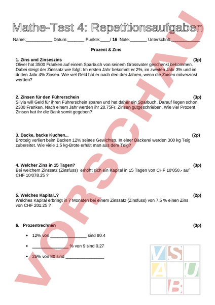 Arbeitsblatt Test Zins Prozent Mathematik Repetition