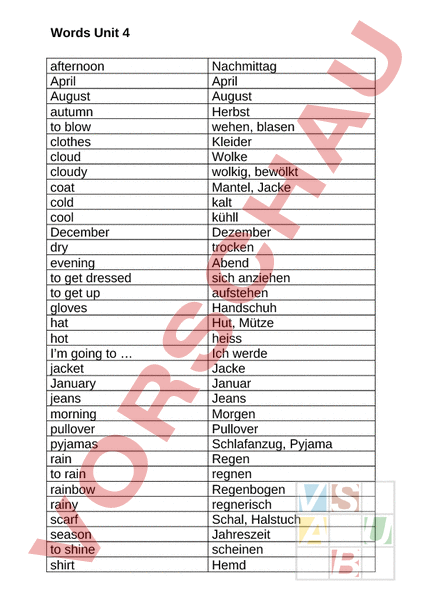 Arbeitsblatt: Wörterliste - Englisch - Wortschatz