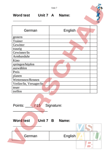 Arbeitsblatt YW 3 Unit 7 Wordtest Englisch Rechtschreibung