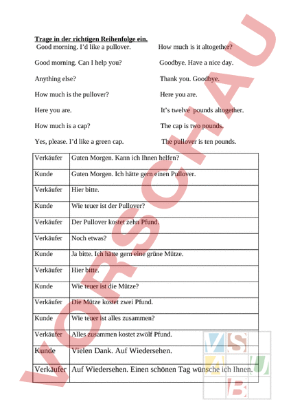 Arbeitsblatt shopping Englisch Wortschatz