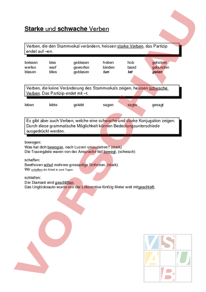 Arbeitsblatt: starke und schwache Verben - Deutsch - Grammatik