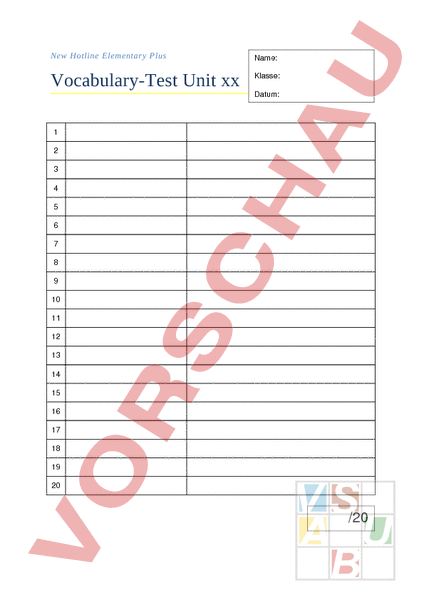 Arbeitsblatt: NH E Vocabulary Test Vorlage - Englisch - Wortschatz