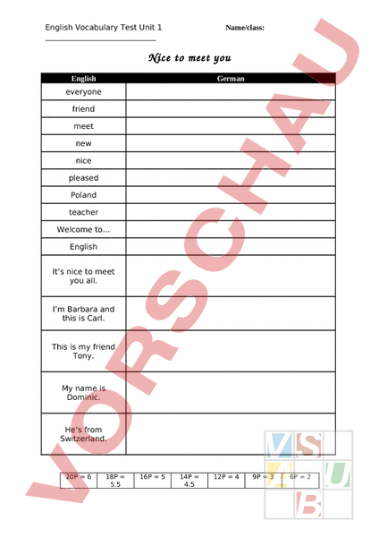 Arbeitsblatt: Vokabeltest - Englisch - Wortschatz