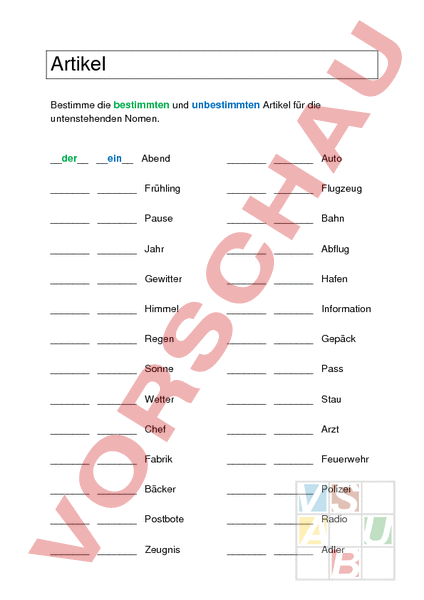 Arbeitsblatt: Artikel Übungen 1 - Deutsch - Grammatik