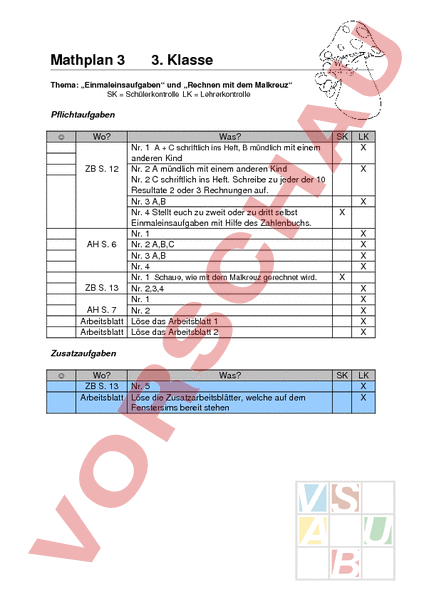 Arbeitsblatt: Mathplan 3.Klasse - Mathematik - Gemischte Themen