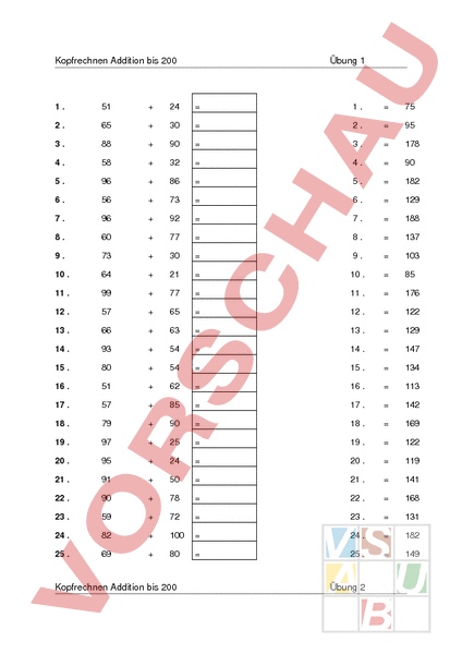 Arbeitsblatt: Kopfrechnen Addition bis 1000 - Mathematik - Addition